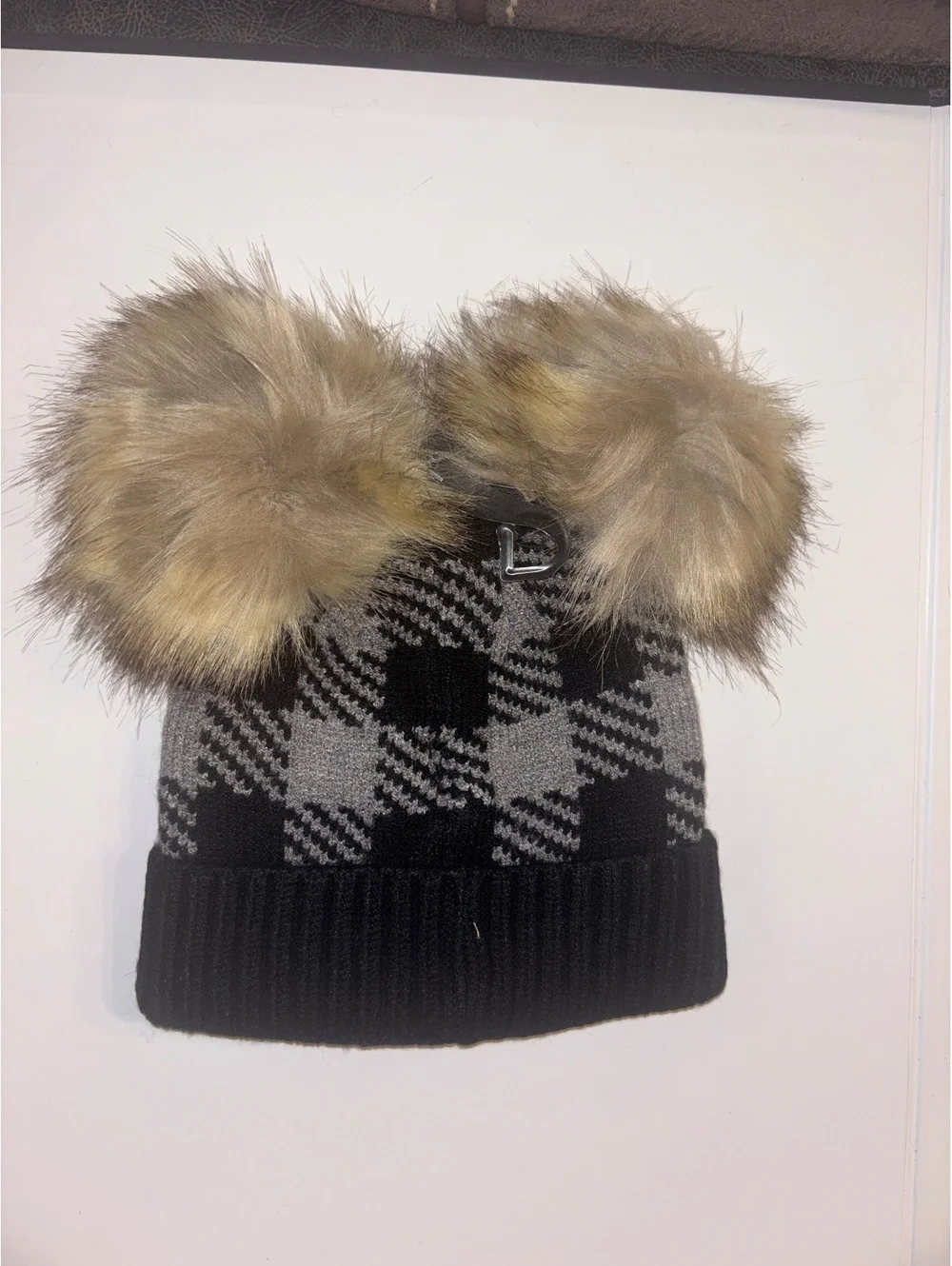 C.C Baby Buffalo Plaid Double Pom Beanie Black Grey NWT Infant Winter Hat
